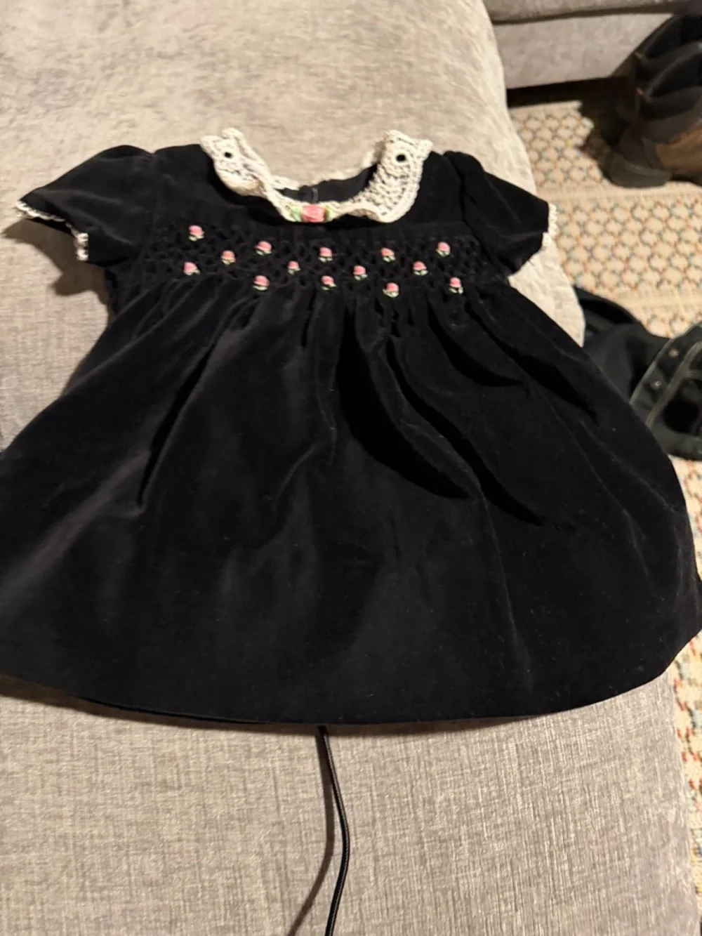 Vintage Black‎ Velvet Baby Dress with Crochet Collar and Pink Embroidery